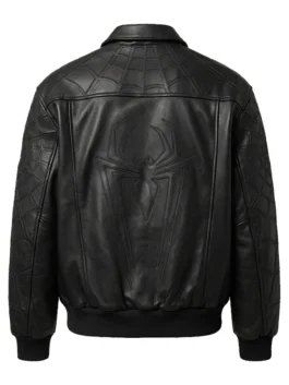Back view of an all-black Spider-Man leather jacket featuring subtle debossed black spider-web patterns across the shoulders and sleeves, and a large debossed black spider graphic on the center back.