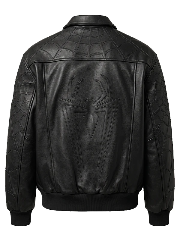 Back view of an all-black Spider-Man leather jacket featuring subtle debossed black spider-web patterns across the shoulders and sleeves, and a large debossed black spider graphic on the center back.