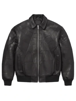 Front view of the all-black Spider-Man leather bomber jacket featuring tonal black web embossing, a fold-over shirt collar, silver zipper closure, dual side pockets, and a centered black spider design.