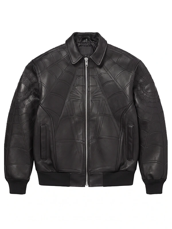 Front view of the all-black Spider-Man leather bomber jacket featuring tonal black web embossing, a fold-over shirt collar, silver zipper closure, dual side pockets, and a centered black spider design.