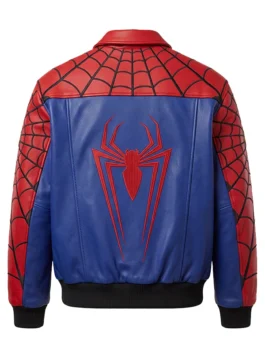 Back view of the Spider-Man leather jacket displaying a blue leather back panel with a large red embroidered spider emblem, red webbed shoulder yokes, and black ribbed knit waist trim.
