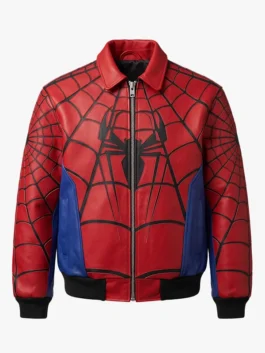 Front view of a red and blue Spider-Man leather jacket featuring a fold-down collar, silver front zipper, black web pattern across the upper chest and sleeves, and a large black spider emblem centered on the chest.