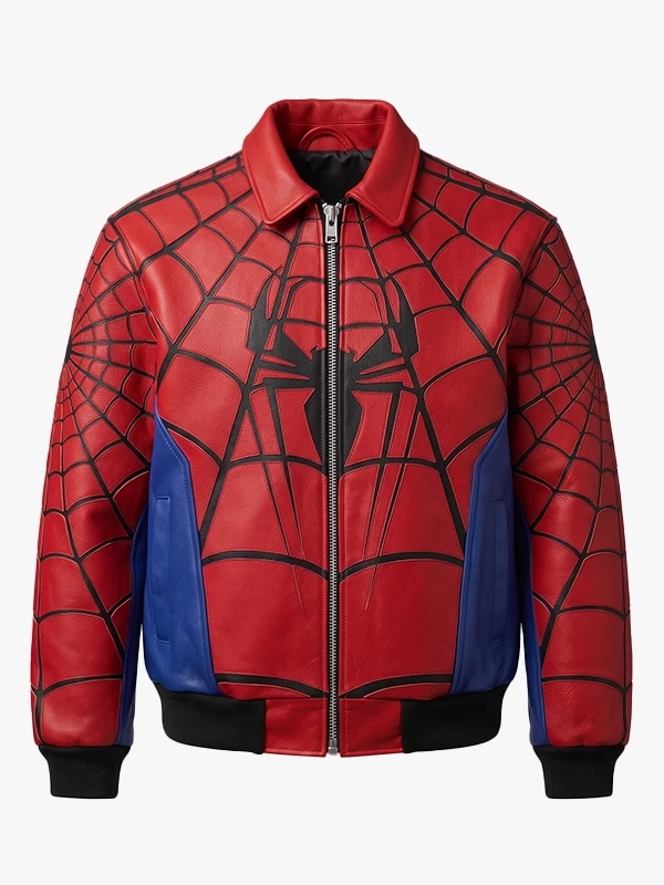 Front view of a red and blue Spider-Man leather jacket featuring a fold-down collar, silver front zipper, black web pattern across the upper chest and sleeves, and a large black spider emblem centered on the chest.