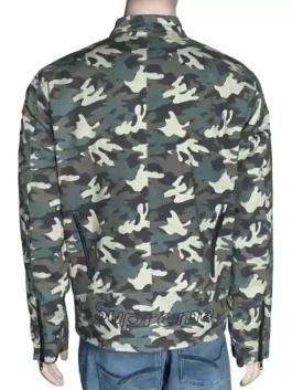 Front view of a camo-patterned racing style jacket with professional dual-brand embroidery and a snap-tab collar.
