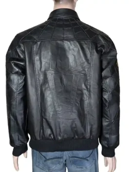 Back view of a black leather biker jacket showing the large spider logo and tonal web pattern.