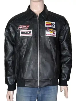 Front view of a high-performance leather racing jacket with red and blue panels and spider web embroidery.