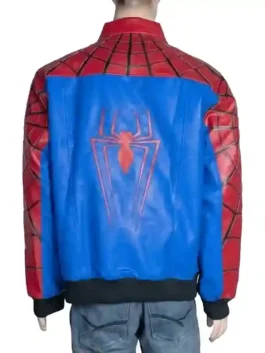 Close-up of the embroidered racing patches and web-patterned leather on a superhero-inspired biker jacket.