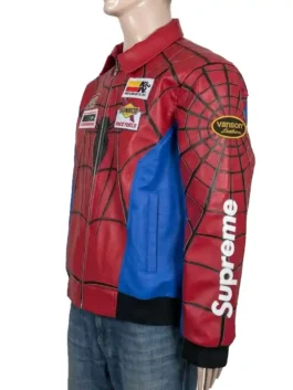 Detailed shot of the heavy-duty zipper and rib-knitted hem on a high-grade leather superhero jacket.