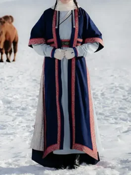 Winter Olympics 2026 Mongolia womens deel showing a traditional blue robe with red patterned borders and a belted deel womens outfit silhouette.