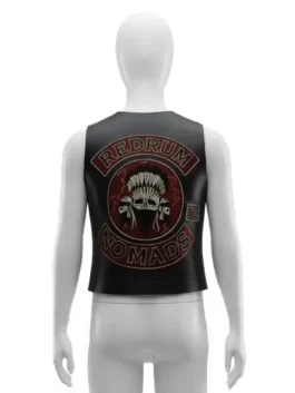Back view of The Wrecking Crew 2026 Jason Momoa Biker Leather Vest featuring the Redrum Nomads MC patch for Jonny Hale’s motorcycle look.