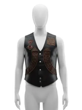 Front view of The Wrecking Crew Jonny Hale leather vest in black, showcasing authentic biker patches from the Jason Momoa motorcycle film.
