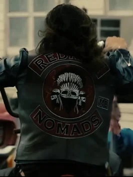 Back view of the wrecking crew 2026 leather vest featuring Redrum Nomads MC patches and a skull graphic on a biker riding a motorcycle.
