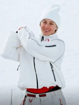 Elizabeth Lemley smiling in the white USA Winter Olympics Puffer Quilted Jacket Liz Lemley Lemley 2026 edition during the winter games.