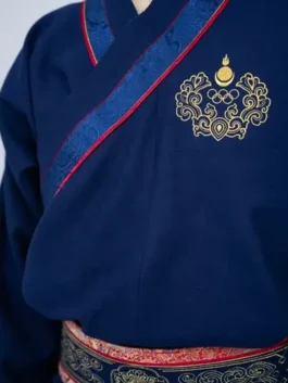 Front view of the Winter Games 2026 Mongolia ceremonial outfit, showcasing the high collar mongolian deel with intricate red and blue trim accents.