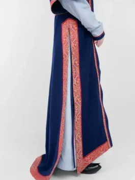 Side profile of the winter games 2026 team mongolia womens robe, showcasing the long slit design and traditional mongolian deel womens styling.