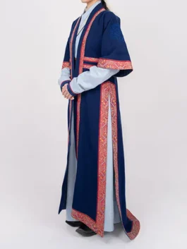 Full view of the Winter Olympics 2026 Mongolia womens deel, a navy ceremonial deel robe outfit designed for the Milano Cortina winter styling.