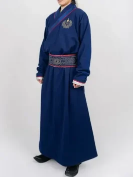 Buy Team Mongolia mens deel online; a blue ceremonial outfit for the 2026 Olympics opening ceremony featuring a belted waist and traditional high collar.