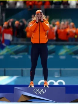 Jutta Leerdam 2026 puffer jacket on display as she reacts emotionally on the podium wearing her Winter Olympics 2026 Netherlands puffer jacket.