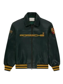 Aime Leon Dore Porsche 993 Leather Jacket featuring a front view showcasing the expert stitching and premium finish.