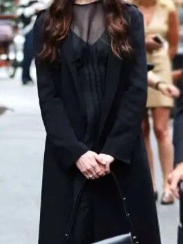 The Devil Wears Prada 2 Andy Sachs Black Coat featuring a sleek tailored silhouette and a high end dark finish.