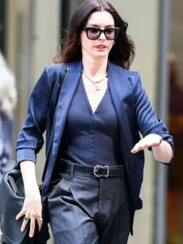 Anne Hathaway Blue Blazer featuring a front view that highlights the expert tailoring and premium material depth.