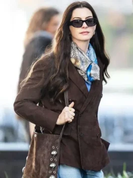Anne Hathaway Suede Leather Blazer in a deep brown shade that highlights the premium quality and soft finish.