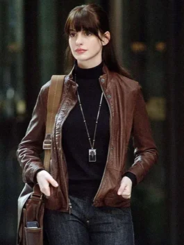 Anne Hathaway The Devil Wears Prada Leather Jacket shown in a high quality finish to highlight the expert tailoring.