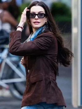 Anne Hathaway Suede Leather Blazer worn as a complete outfit to showcase the luxury drape and expert tailoring.