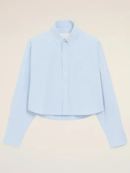 Anne Hathaway The Devil Wears Prada 2 Blue Shirt front view featuring a crisp collar and professional button down style.