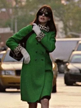 Anne Hathaway The Devil Wears Prada Green Coat with a soft wool texture and a sleek collar for a professional look.
