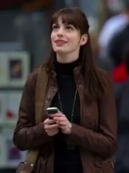 Anne Hathaway The Devil Wears Prada Leather Jacket in a rich brown tone with a professional tailored fit for fans.