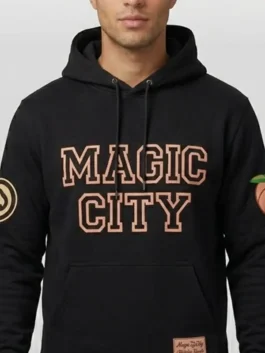 Atlanta Hawks Magic City Hoodie closeup view showing the professional high quality panels and a luxury drape.