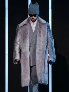 Super Bowl LX Bad Bunny Coat in a classic grey tone that offers a versatile and sophisticated winter style.