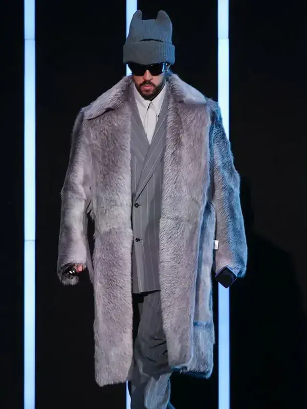 Super Bowl LX Bad Bunny Coat in a classic grey tone that offers a versatile and sophisticated winter style.