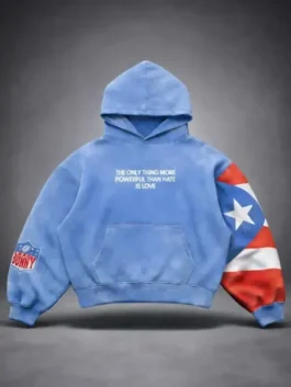 Bad Bunny PR Blue Hoodie front view showing the high density stitching and the comfortable kangaroo pocket design.