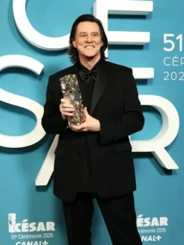 César Award Jim Carrey Black Suit front view showcasing the professional lapels and premium black suiting.