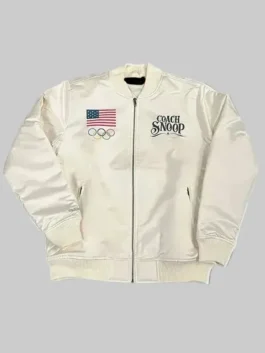 Coach Snoop Team USA White Jacket front view showcasing the sturdy zip closure and professional tailored finish.