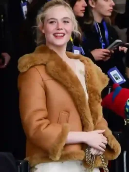 NYC 2026 Elle Fanning Brown Shearling Jacket featuring a professional high density grain and luxury warmth.
