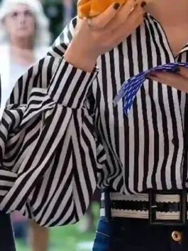 Emily In Paris S5 Lily Collins Striped Puff Sleeve Shirt featuring exaggerated balloon sleeves and a luxury cotton build.