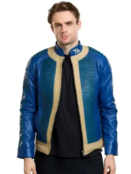 Fallout Vault Dweller Blue Leather Jacket with a simple and clean design for a modern gaming style.