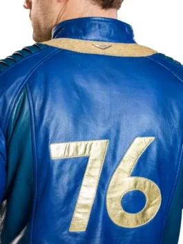 Fallout Vault Dweller Blue Leather Jacket shown from the back to display the number and full design.
