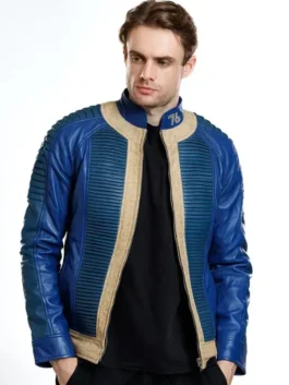 Fallout Vault Dweller Blue Leather Jacket featuring the classic survival style from the popular game series.