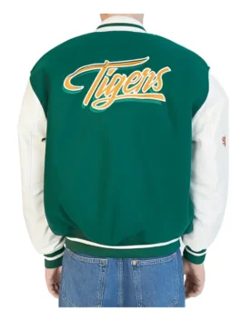 Stranger Things Baseball Jacket with the Hawkins tiger logo and premium ribbed cuffs for a sharp look.