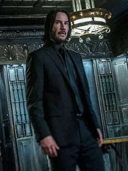 John Wick Chapter 4 Keanu Reeves Black Suit worn during an action sequence to show the durable and formal fit.