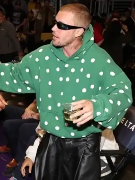 Justin Bieber Polka Dot Hoodie front view highlighting the professional grade stitching and premium drawstring.