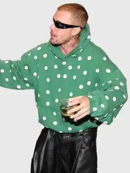 Justin Bieber Polka Dot Hoodie closeup view featuring professional high density fleece and intricate dot patterns.