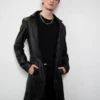 Mens Classic Black Leather Trench Coat featuring a long design and a sleek black finish for a timeless look.