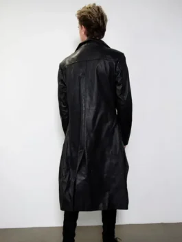 Mens Classic Black Leather Trench Coat shown from the back to highlight the long fit and smooth leather texture.
