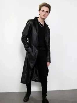 Mens Classic Black Leather Trench Coat worn by a model to show how the dark color fits with casual or formal wear.
