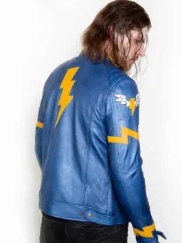 Mens Wonderbolts Rainbow Dash Blue Leather Jacket featuring a bright blue color and yellow lightning bolt details.